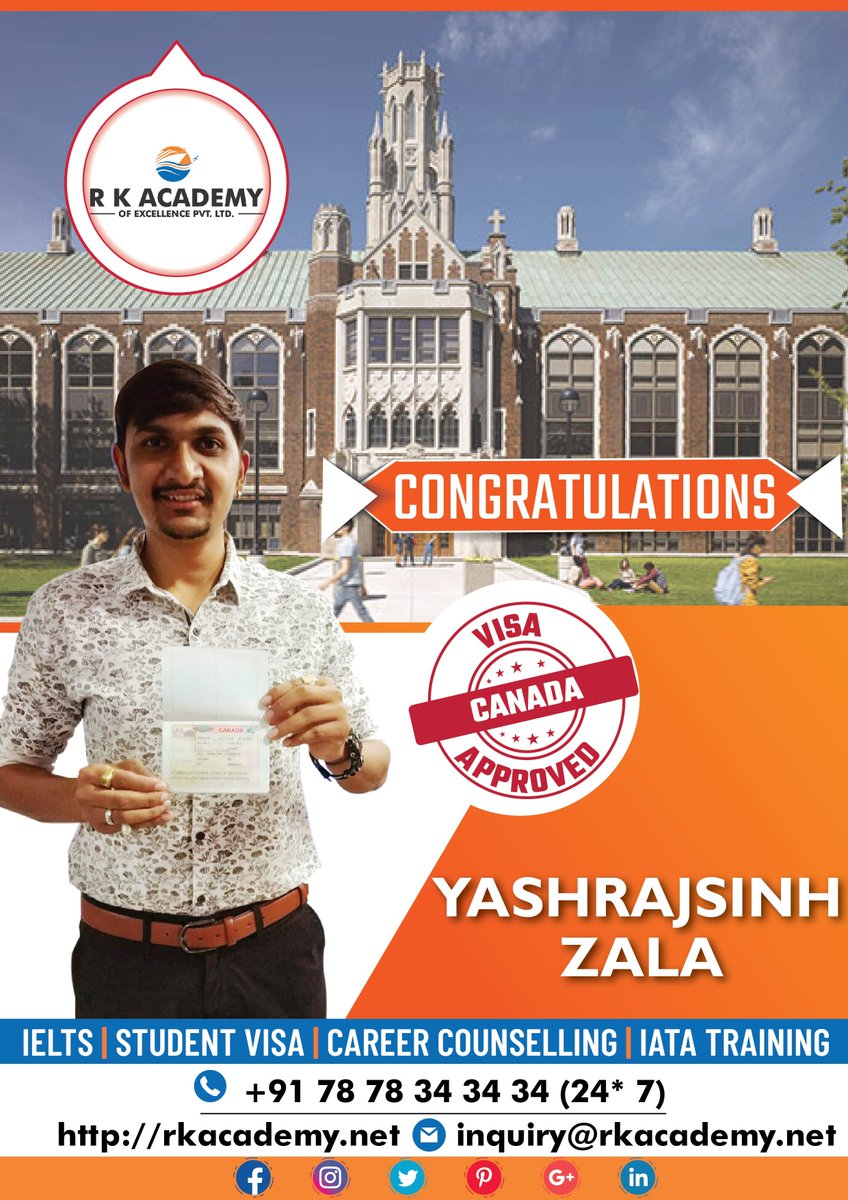 rkacademy_net's tweet photo. R K Academy congratulates Mr. Yashrajsinh Zala
He just received Canada student VISA approval.

Visit here: https://t.co/9xzRfabsJX
Get in touch with our team :-
Phone: +91 78 78 34 34 34 Email: inquiry@rkacademy.net
#studyabroad #RKAcademyAhmedabad #IELTSInstitute #FlyForeign https://t.co/Z5oXiD3aDh