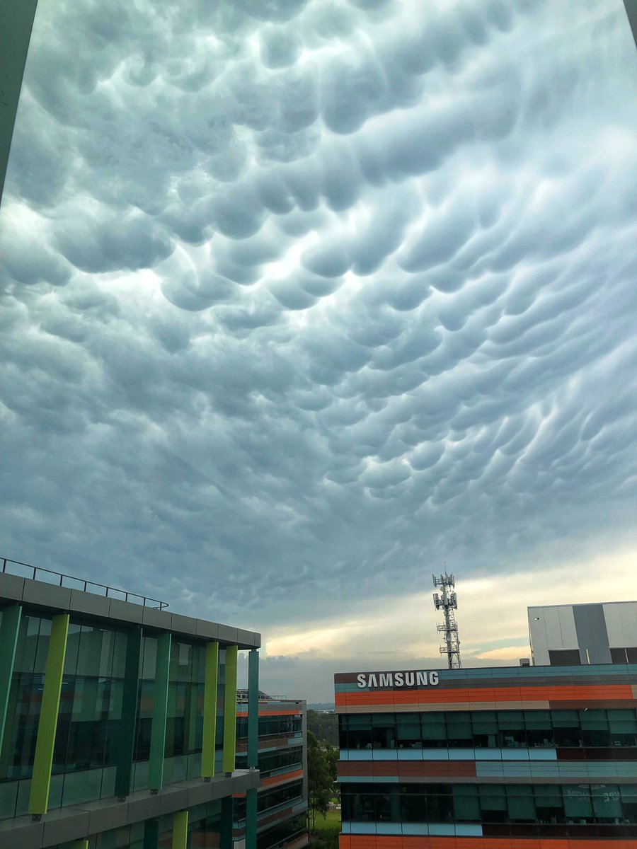 Great mammatus cloud coverage over #SydneyOlympicPark this arvo as severe storms roll over the #BlueMountains and #city.  @dailybailey10 @WeathermanABC @DavidWBrown7 @sunriseon7