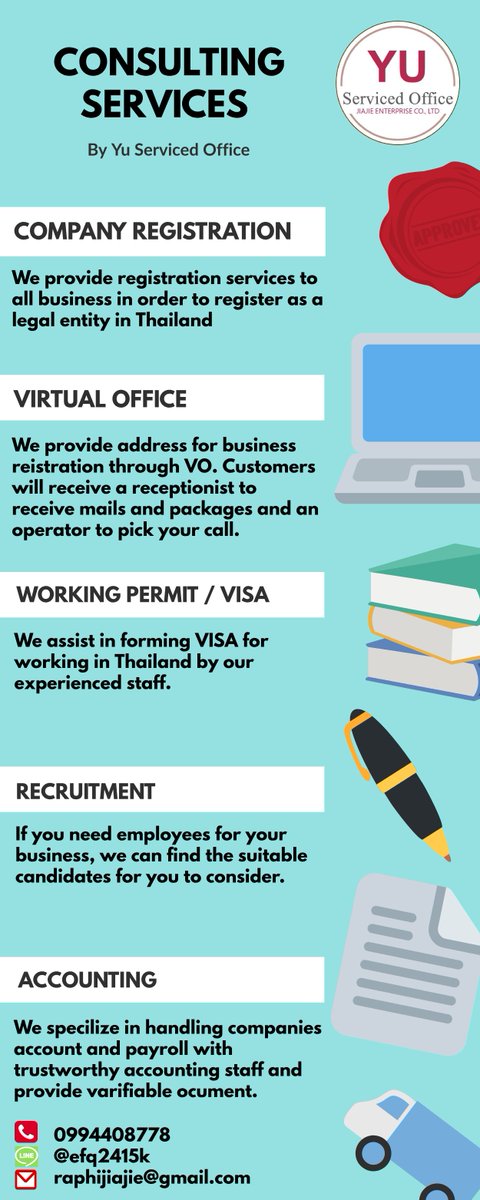 Yuserviced's tweet photo. Yu Consulting Services! - Trustworthy business management services for your company
.
Contact us:
Call: 0994408778
Line: @efq2415k
Email: raphijiajie@gmail.com
.
#accounting #servicedoffice #company #business #bangkok #thailand #บัญชี #หางาน #��ดทะเบียนบริษัท #visa #งาน #coworking https://t.co/eXYQYWQdLN