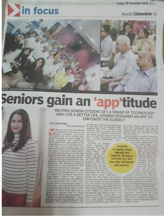 After our recent coverage in Bengaluru, Kochi chronicle also wrote about our work.
#empowerji
#empoweringseniors
#techlearningapp
#appforseniors