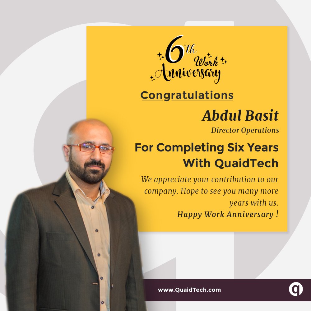 quaidtech's tweet photo. Your hard work and dedication has an important role in the success of our organization. May the future see many more achievements in your records.Happy Work Anniversary! Abdul Basit
#QuaidTech #workanniversary #6thanniversary #proud #goodwork https://t.co/EXc8SAFsOr