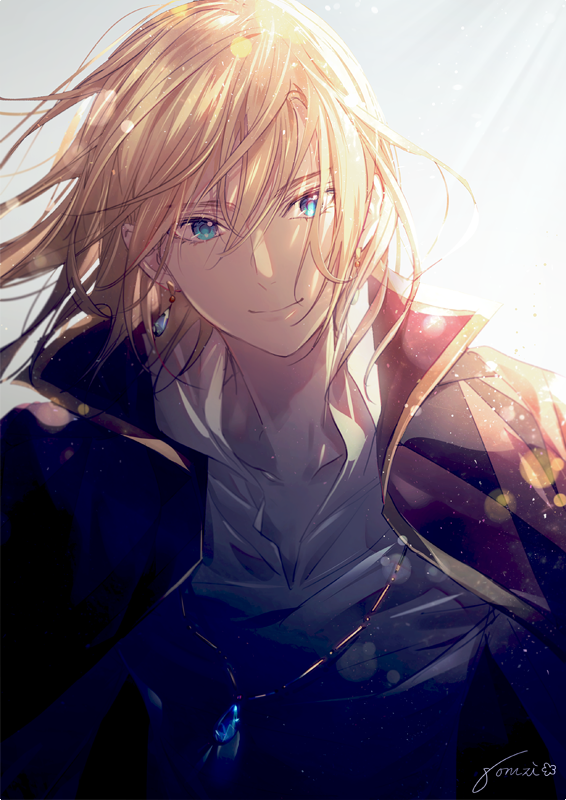 1boy blonde hair male focus jewelry solo blue eyes earrings  illustration images