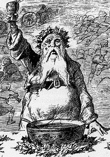 This is a Victorian woodcut image showing Father Christmas wearing a green wreath standing in front of a wassail bowl. He has a raised goblet in his hand and is toasting the end of Christmastide.