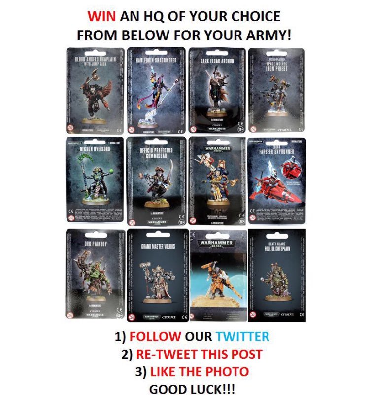 SiegeStudios's tweet photo. LAST DAY! To enter for your chance of winning a new HQ for your army? Follows us, Retweet this post &amp; like the photo! If you win, choose one of the pictured character blisters &amp; it's yours! Winner announced Wednesday 02/01/19 @ 7:30pm! Good luck! #paintingwarhammer #Competition https://t.co/RslHeVikFW