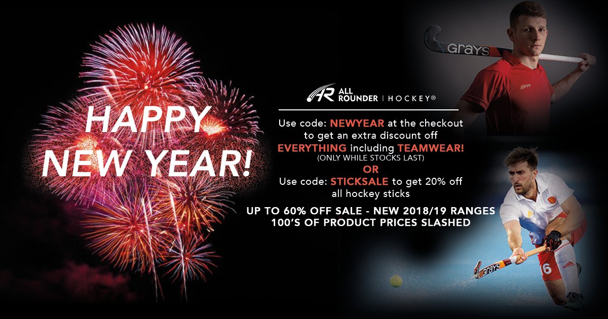 Happy New Year from everyone at All Rounder Hockey!

To celebrate we're giving you a discount off absolutely everything. Simply use code: NEWYEAR to get an extra discount
Or
Use code: STICKSALE for an extra 20% off all hockey sticks!

Shop now: allrounderhockey.com