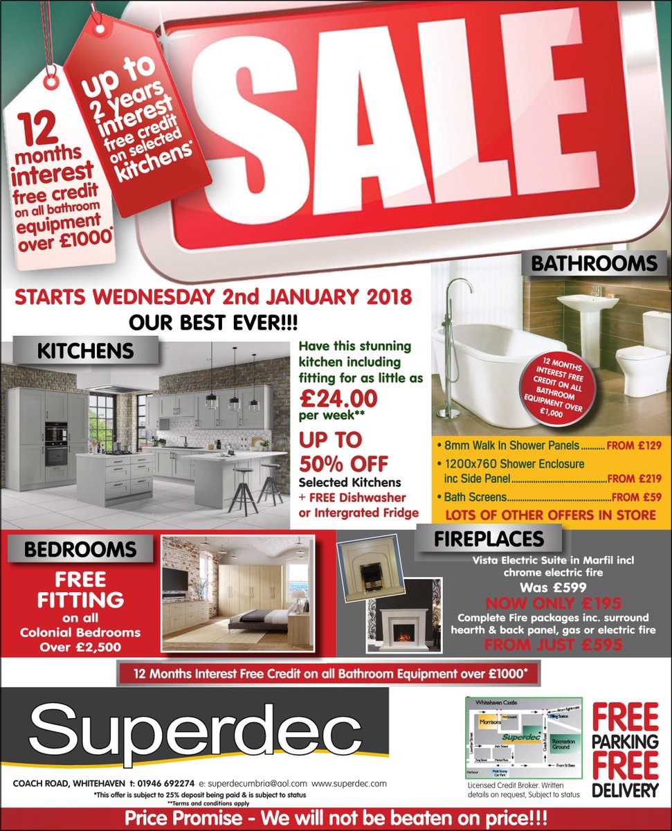 Superdec3's tweet photo. Our HUUGE winter sale is finally upon us!!! Fantastic savings on kitchens, bathrooms, bedrooms, fireplaces &amp; tiles. Get down now and see what you could save!!! #GetDownToSuperdec https://t.co/Qvc3zvMm58