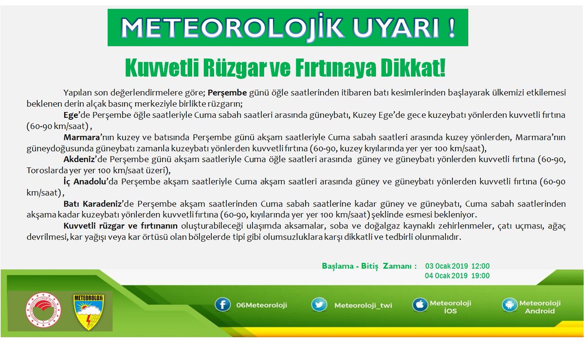 Meteorolojik Uyarı!
Kuvvetli Rüzgar ve Fırtınaya Dikkat!
#Ege, #Marmara,  #Akdeniz, #İçAnadolu ve #BatıKaradeniz'de Kuvvetli Rüzgar ve Fırtına Bekleniyor!