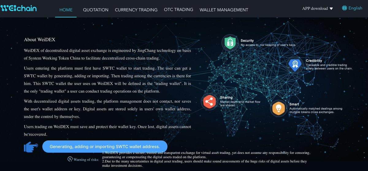 #SWTCCoin listed exchange: #Weidex

Currency pair: 
#SWTC-#ETH
SWTC- #CNT
SWTC-#MOAC
SWTC-#BIZ
....13 pairs can be traded on Weidex platform

WeiDEX is a decentralized digital asset exchange, engineered by JingChang technology on basis of SWTC Public Chain
weidex.vip/#/home