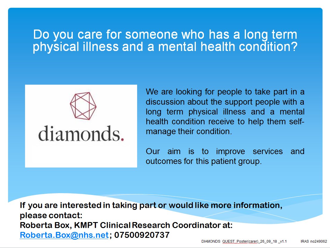 Our team have just opened "Diamonds Quest". We're looking for family members, close friends and carers of people who have both a mental health + physical health condition. Get in contact if you're interested!