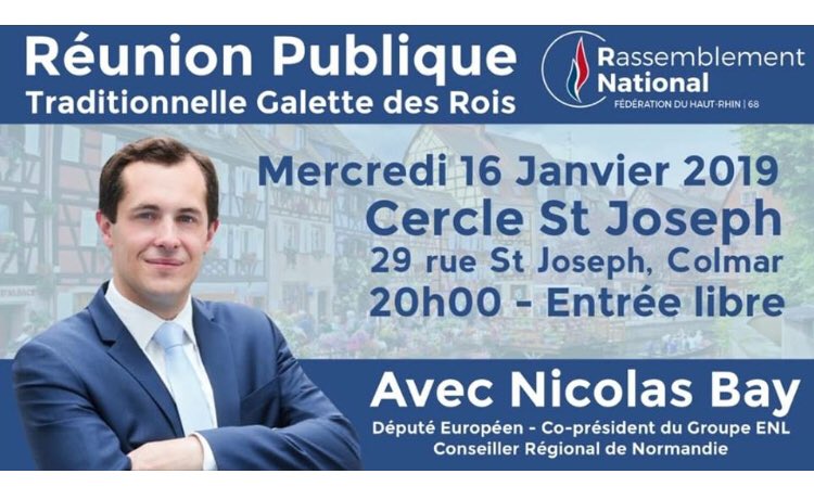 L_Lareymondie's tweet image. La fédération du #RassemblementNational 68 à la joie de recevoir @NicolasBay_ à #Colmar 
le mercredi 16 janvier pour notre traditionnelle galette des Rois.

A vos agendas !
#DNAinfos