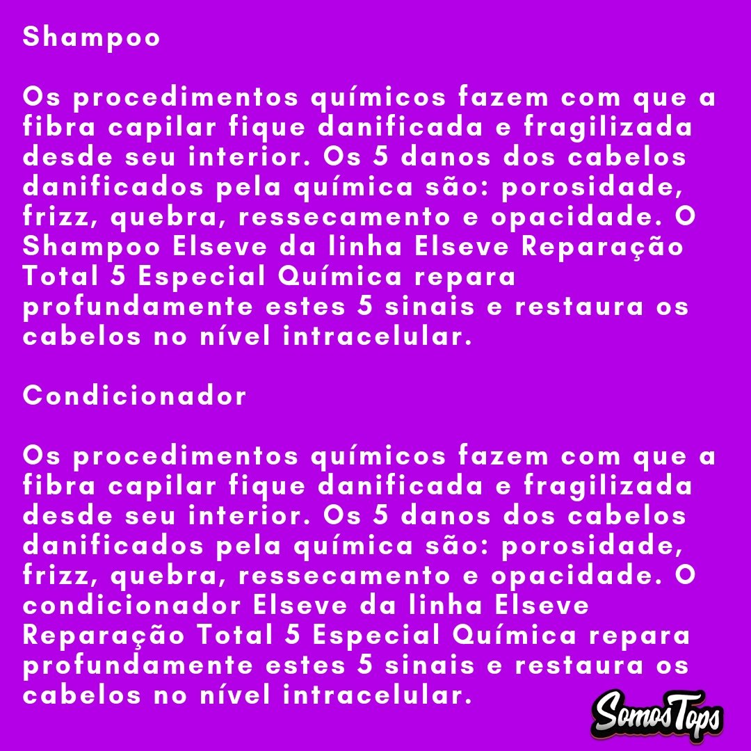 samaratoplove's tweet photo. Reparação Total 5 Especial Química
#elseve
A linha foi desenvolvida para cabelos com química, ajuda a combater os 5 sinais dos cabelos danificados. Porosidade, Frizz, Quebra, Ressecamento e a Opacidade.  #somostopsoficial https://t.co/nwymtlH0wx