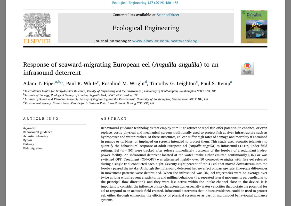 My 1st 2019 paper came out 1 Jan 2019:
Using infrasound to try to save eels (they’re endangered &,being thin,can be sucked through grills meant to keep fish from being  accidentally sucked from rivers into power station coolant intakes etc) 
@UoS_ICER
Get
sciencedirect.com/science/articl…