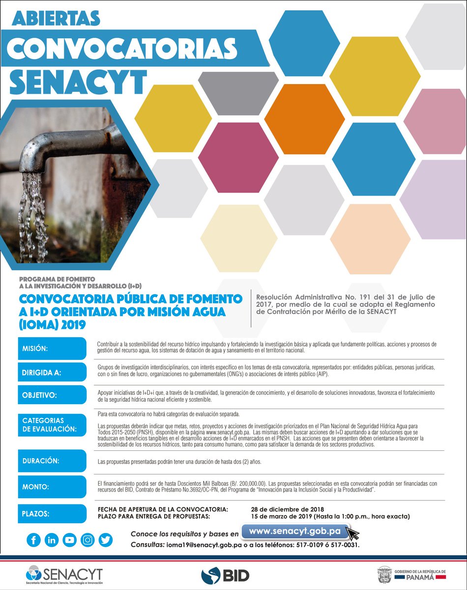 Senacyt Panama Los Invitamos A Participar De La Convocatoria Publica De I D Orientada Por Mision Agua Ioma19 Plazo Para Entrega 15 De Marzo De 19 Hasta La 1 00 P M