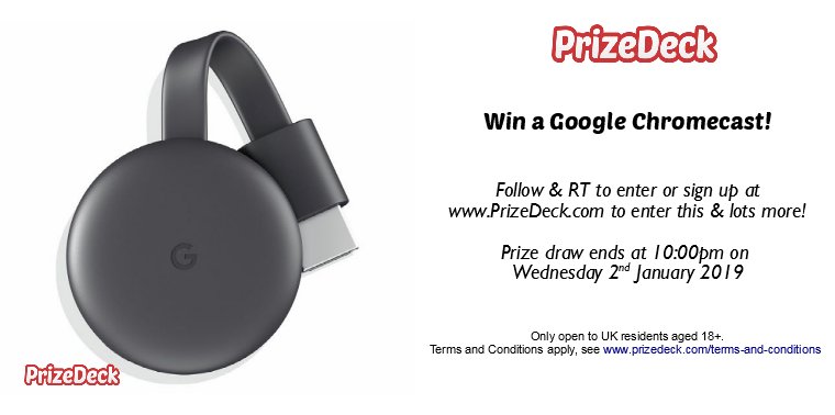 Ends tonight at 10PM! 
Follow &amp; RT for your last chance to WIN a Google #chromecast!

Stream your #smartphone media to your big screen! 
Ends 10PM Weds 02.01.2019. Terms Apply: UK &amp; 18+ Only

Ideal for those with #Netflix &amp; #Spotify