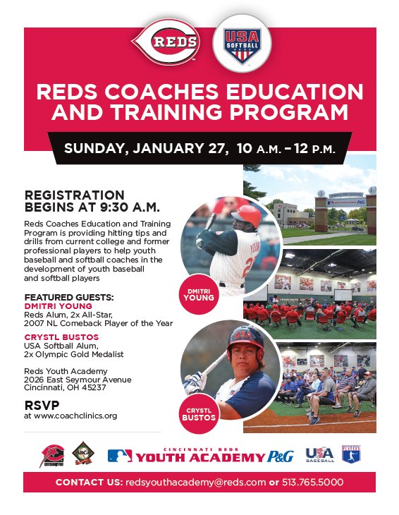 Reds Community Fund (@redscommunity) on Twitter photo ๐จNEW YEAR, NEW CLINICS! ๐จ
In partnership with <a href="/ABCA1945/">ABCA</a>, <a href="/USABaseball/">USA Baseball</a> , & <a href="/USASoftball/">USA Softball</a>, our Coaches Education and Training Program continues on January 27th at 10am featuring <a href="/DaMeathookYoung/">Dmitri Da Meathook Young</a> & <a href="/GotBustos/">Crystl Bustos</a>.
Find out more & register online ๐ bit.ly/2Vobyim ๐จNEW YEAR, NEW CLINICS! ๐จ
In partnership with <a href="/ABCA1945/">ABCA</a>, <a href="/USABaseball/">USA Baseball</a> , & <a href="/USASoftball/">USA Softball</a>, our Coaches Education and Training Program continues on January 27th at 10am featuring <a href="/DaMeathookYoung/">Dmitri Da Meathook Young</a> & <a href="/GotBustos/">Crystl Bustos</a>.
Find out more & register online ๐ bit.ly/2Vobyim