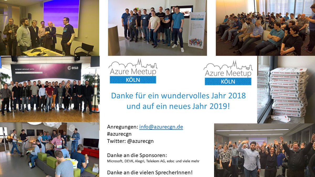 azurecgn's tweet photo. Wir wünschen euch mit einem kleinen Rückblick ein frohes Neues Jahr!
Für das Jahr 2019 steht schon viel an: #azureglobalbootcamp #Telekom #DEVK #WOL #DLR #Developer #Security #Datenschutz
Vielen Dank an unser Sponsoren @DEVK_Zentrale @MicrosoftDE @deutschetelekom https://t.co/gcYwg3GsAV