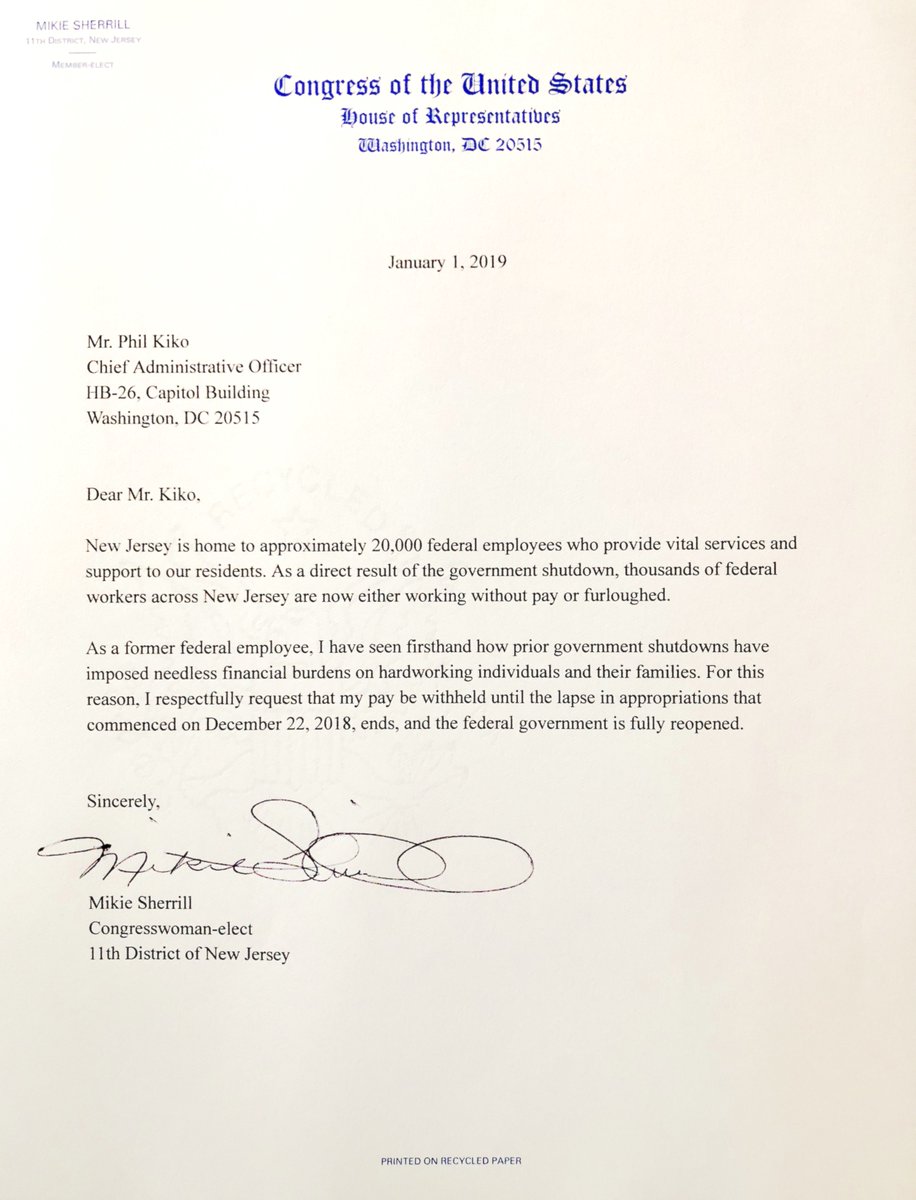 Congresswoman-elect Mikie Sherrill's letter requesting her pay be withheld for the duration of the shutdown. NJ11.