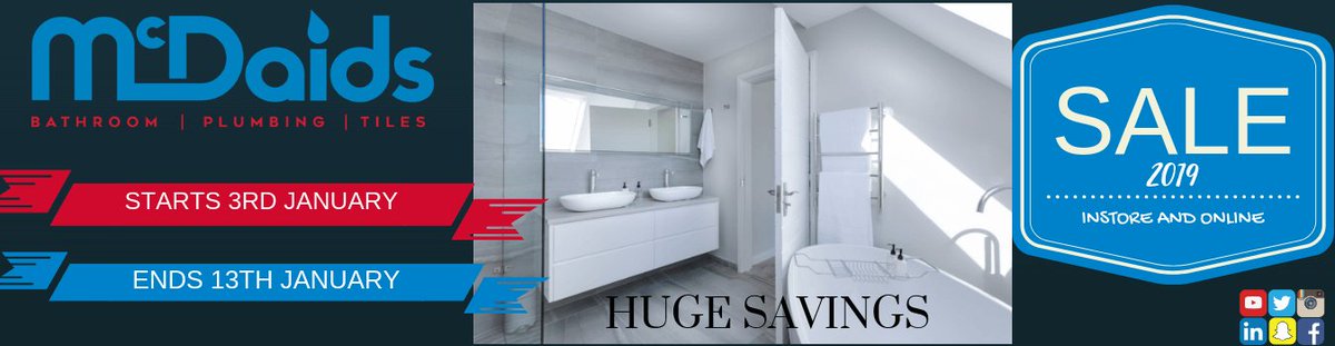 mcdaidsbathroom's tweet photo. Forget new year new you.....At McDaids we say New Year New Loo!!! Massive savings to be had across or ranges both in store and online. Sale starts tomorrow!
#DoItRightWithMcDaids #NewYearNewLoo https://t.co/lKpAR3oEBk