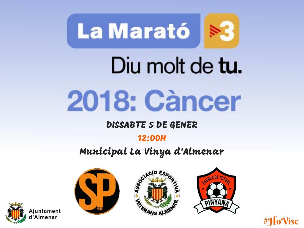 #LaMarató2018
Triangular entre l'<a href="/sportingpinyana/">Sporting Pinyana CF</a>, els <a href="/veteransalmenar/">Veterans Almenar</a> i l'<a href="/efpinyana/">EscolaFutbol Pinyana</a> 
Hi haurà diferents sortejos! Tota la recaudació anirà destinada a #LaMarató.
T'esperem
@ajuntamentalmenar !
#TuTambéHiJugues #HoVisc 
#Almenar #Alfarràs #Lleida #Solidaris #Futbol