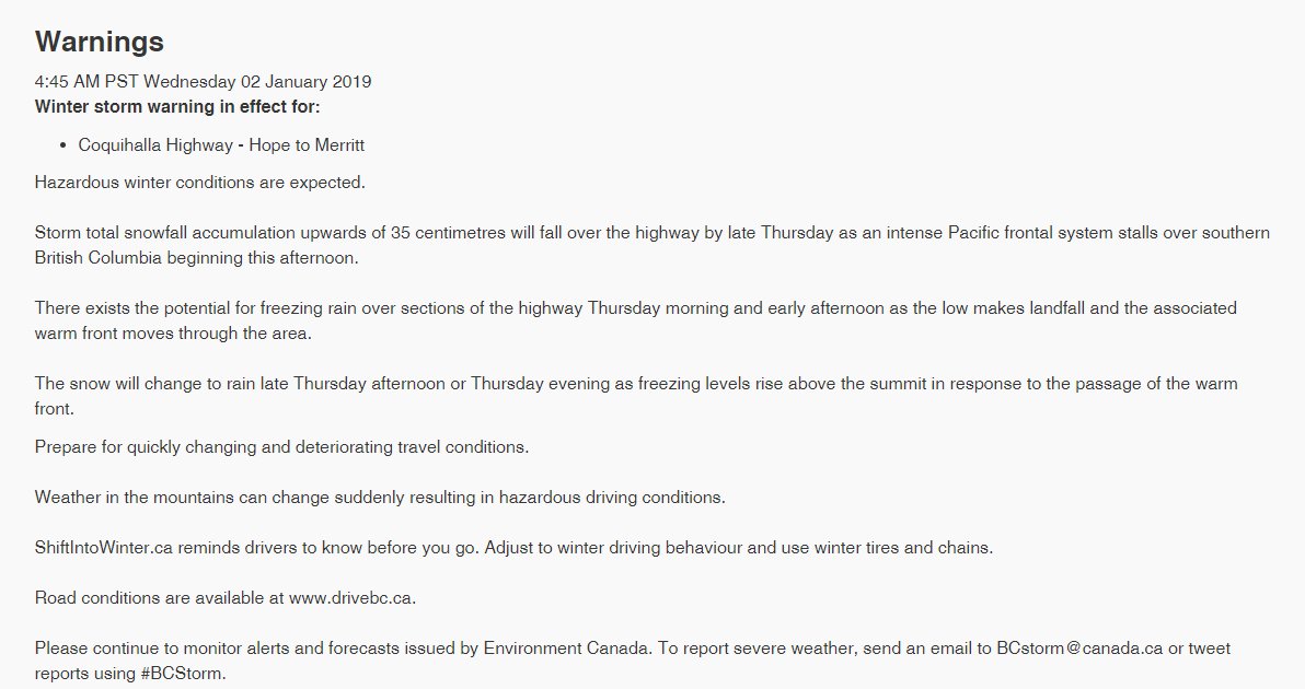 #DriverAlert: <a href="/environmentca/">Environment Canada</a> has issued a winter storm warning for the #Coquihalla from #Merritt to #Hope . Up to 35cm of snow expected by late Thursday. Chance of freezing rain as well. 
#Kamloops #BCStorm