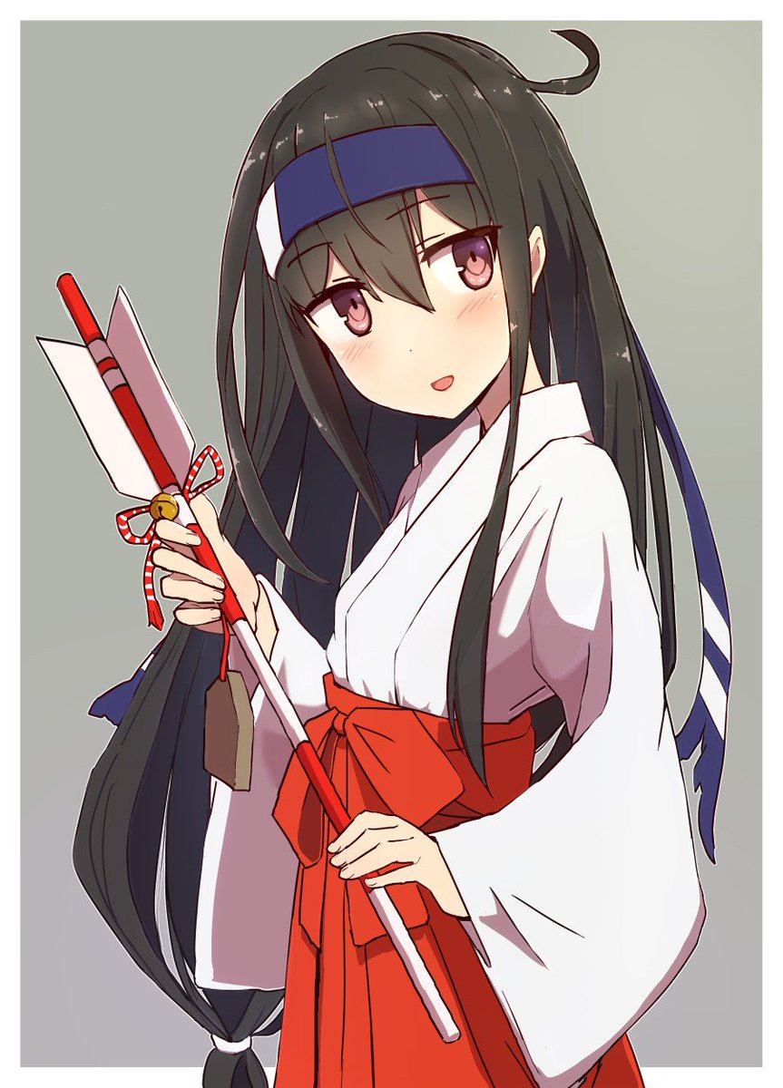 hatsushimo (kancolle) 1girl long hair solo black hair miko japanese clothes arrow (projectile)  illustration images