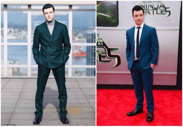 Rocking green suit and dark hair at events 