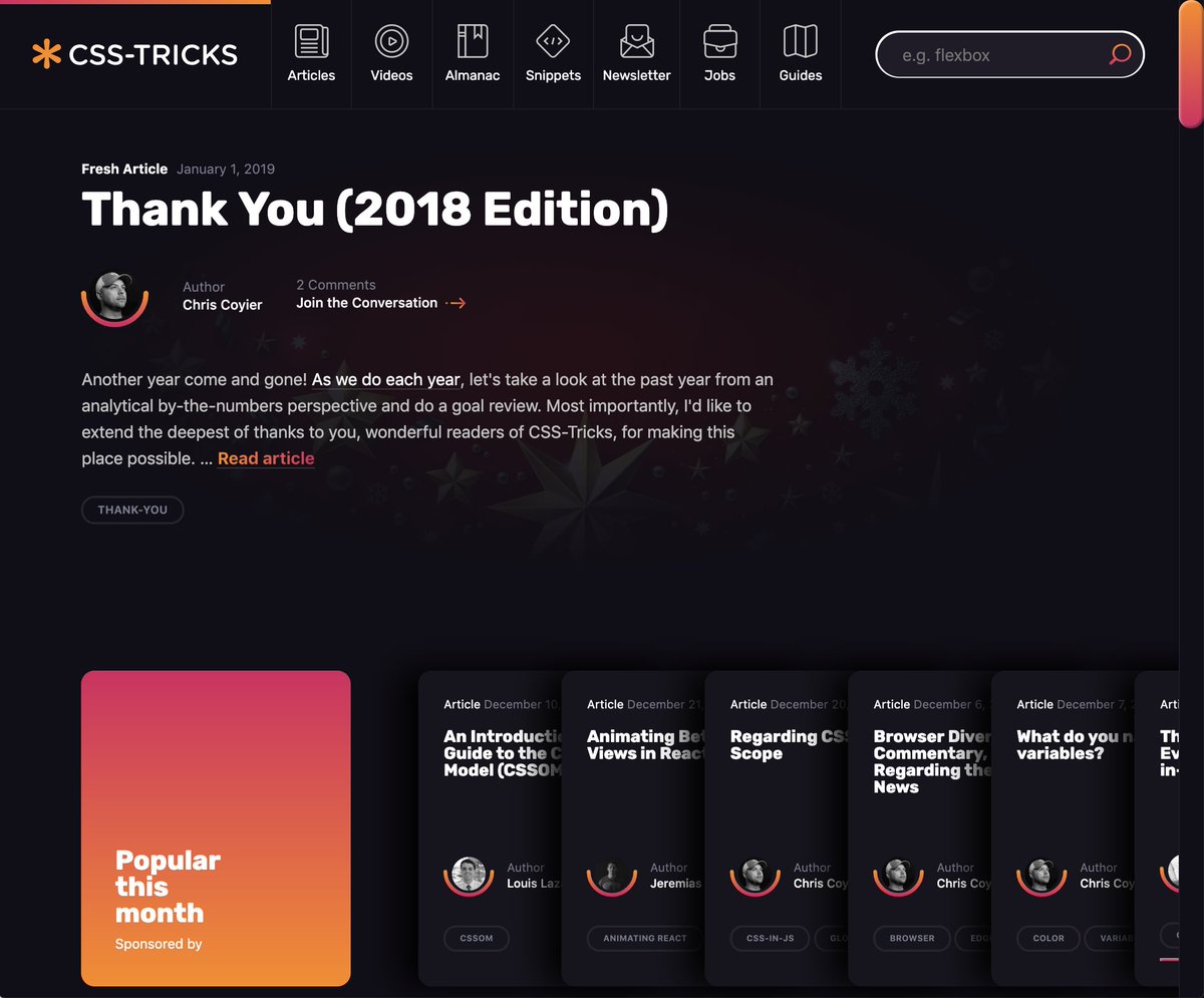 CompuIves's tweet image. The website of @css got a redesign and I LOVE it! The combination of dark backgrounds with the bright colors and gradients is so beautiful. Shows how we can also use lights in design.

css-tricks.com
