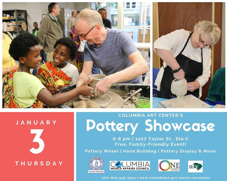 ColaSCParksRec's tweet image. Join the Columbia Art Center for a free Pottery Showcase on the #firstthursday of 2019! This family-friendly event will provide an opportunity for guests to experience a pottery wheel, hand building and more! #newyearseve #arts