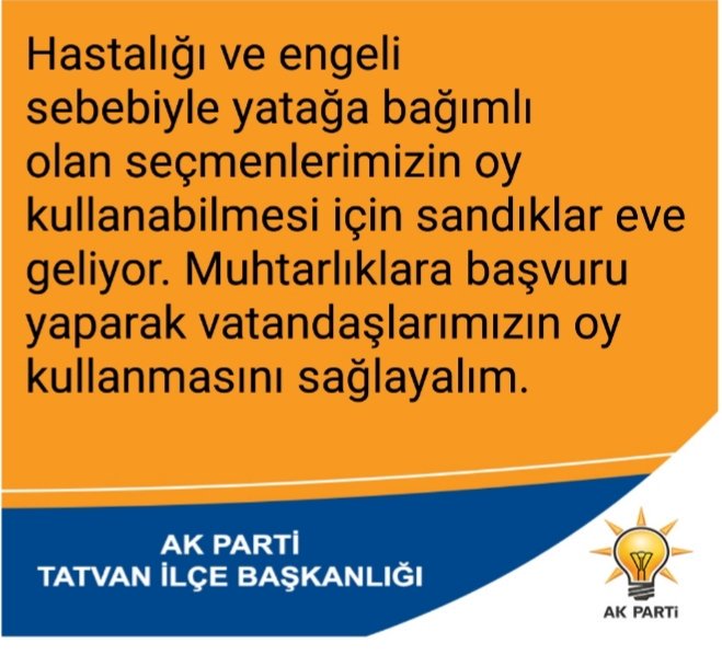 Hastalığı ve engeli sebebiyle yatağa bağımlı olan seçmenlerimizin oy kullanabilmesi için sandıklar eve geliyor. Muhtarlıklara başvuru yaparak vatandaşlarımızın oy kullanmasını sağlayalım. #SeyyarSandık