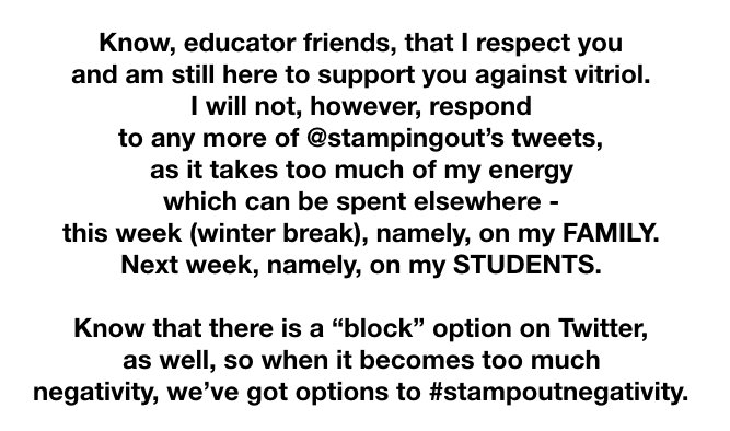 JoyKirr's tweet photo. @stampingout @ChelleShel617 @KristaMintz @KhristieG @rickwormeli2 @AngelaStockman @WickedDecent @cadesomers @mrnesi @ncte @KellyGToGo @ezigbo_ @JasonReynolds83 @kenoc7 @tguskey I blog abt what I learn & question, as do "edu-gurus" aka "educators" who are trying to do the best for our kids. School to me means caring for others (your "open-season"), communicating w/parents, sharing what we learn, & trying my best in the 40 min I have. #stampoutnegativity https://t.co/QJr8GrkLPd