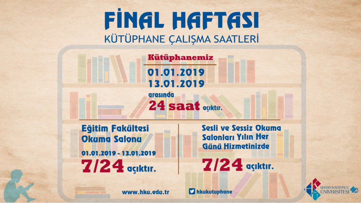 Hasan Kalyoncu Üniv (@hkunv) on Twitter photo Değerli Öğrencilerimiz 📢
Final haftası sebebiyle ‘’Kütüphane ve Okuma Salonlarımızın’’ çalışma saatleri sizler için güncellenmiştir. Tüm öğrencilerimize final haftasında bașarılar dileriz.
#hkunv
hku.edu.tr
<a href="/hkukutuphane/">Mütercim Asım Kütüphanesi</a> Değerli Öğrencilerimiz 📢
Final haftası sebebiyle ‘’Kütüphane ve Okuma Salonlarımızın’’ çalışma saatleri sizler için güncellenmiştir. Tüm öğrencilerimize final haftasında bașarılar dileriz.
#hkunv
hku.edu.tr
<a href="/hkukutuphane/">Mütercim Asım Kütüphanesi</a>