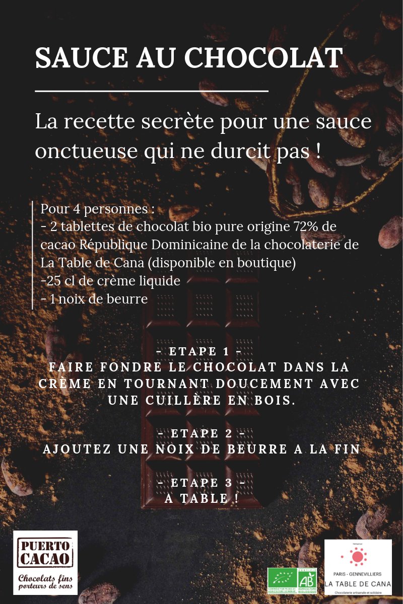 #BonneAnnee [C'est cadeau !] Aujourd'hui, Puerto Cacao vous donne sa recette secrète pour une sauce au chocolat bio 72% pure origine de République dominicaine de la chocolaterie artisanale de La Table De Cana Paris - Gennevilliers. Bon appétit les amis 👌🍫