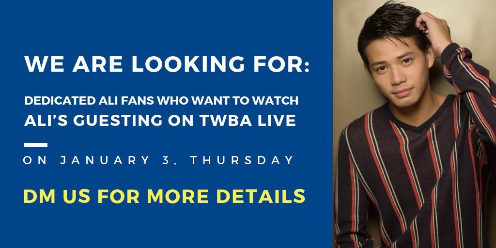 blinkeu_lala's tweet photo. Fighters! Sino gusto sumama sa LIVE guesting ni Ali para sa Tonight With Boy Abunda this THURSDAY, JANUARY 3, 6:30PM?
DM us for more details!
#PBB8ComBackIsReal
#JusticeForRhys https://t.co/OuJlhANtCG