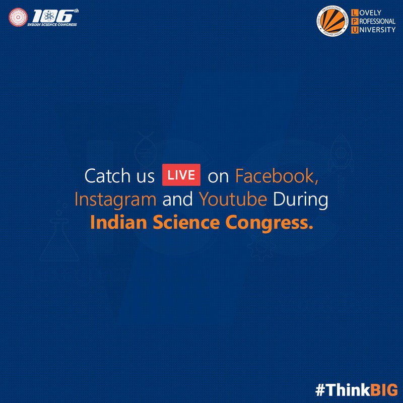 lpuuniversity's tweet image. Watch Honorable PM @narendramodi and the happenings of #IndianScienceCongress, live tomorrow on Facebook, Instagram and YouTube from 11:45 am onward. 
#PMModiAtLPU #ISCatLPU #ThinkBIG