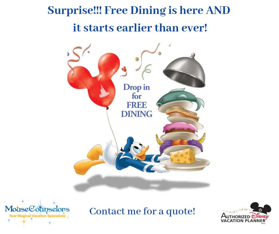 Surprise! Free Dining is here! Contact me today for a FREE quote - the rooms will go quickly! hayley(at)mousecounselors(dot)com 
#WaltDisneyWorld #FreeDining #DisneyDining #DisneyVacationPlanner