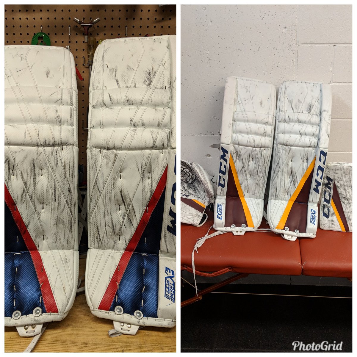 siskins_EQM's tweet photo. Completed some work on @Concordia_MHKY goalie  @Dumont_Bouchard pads for the second half using @ChameleonSports. Turned out alright. https://t.co/cRU3fHZzxy