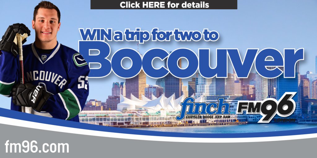 FinchJeep's tweet photo. Finch Chrysler and FM96 want to send you and a friend on a round trip to Vancouver!! ✈️ We will also hook you up with a free pair of tickets 🎟🎟 to a Canucks game and an opportunity to meet &amp; greet with Bo Horvat! 🏒 
Full Details: https://t.co/qcRiuFHkyd https://t.co/e0kvuHBJcW