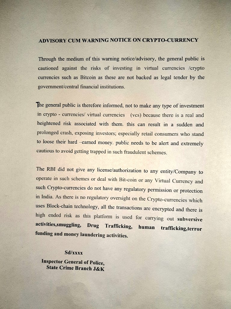 Advisory cum Warning Notice on Crypto Currency issued by Crime Branch of  Jammu & Kashmir Police. @CyberDost @Ahfad11