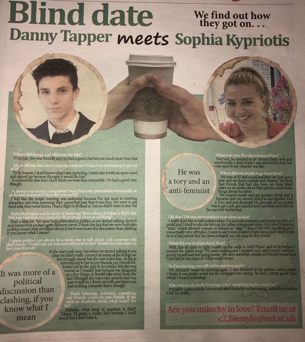 So Newcastle Uni's student paper does a 'blind date' section and I thought from the guy's POV that it wasn't a good date but it wasn't terrible, then I read the girl's POV and yikes