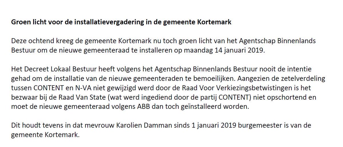 Groen licht voor de installatievergadering van de nieuwe gemeenteraad <a href="/GKortemark/">Gemeente Kortemark</a> op maandag 14/01/2019. Bezwaar van CONTENT is niet opschortend. Karolien Damman vanaf 01/01/2019 burgemeester. #Westhoek