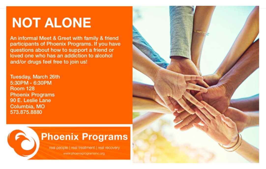 Join us tomorrow for our "Not Alone" meet &amp; greet for friends and family of Phoenix participants or someone dealing with addiction. 

This is a great, informal environment to draw strength and guidance from others in a similar circumstance.
