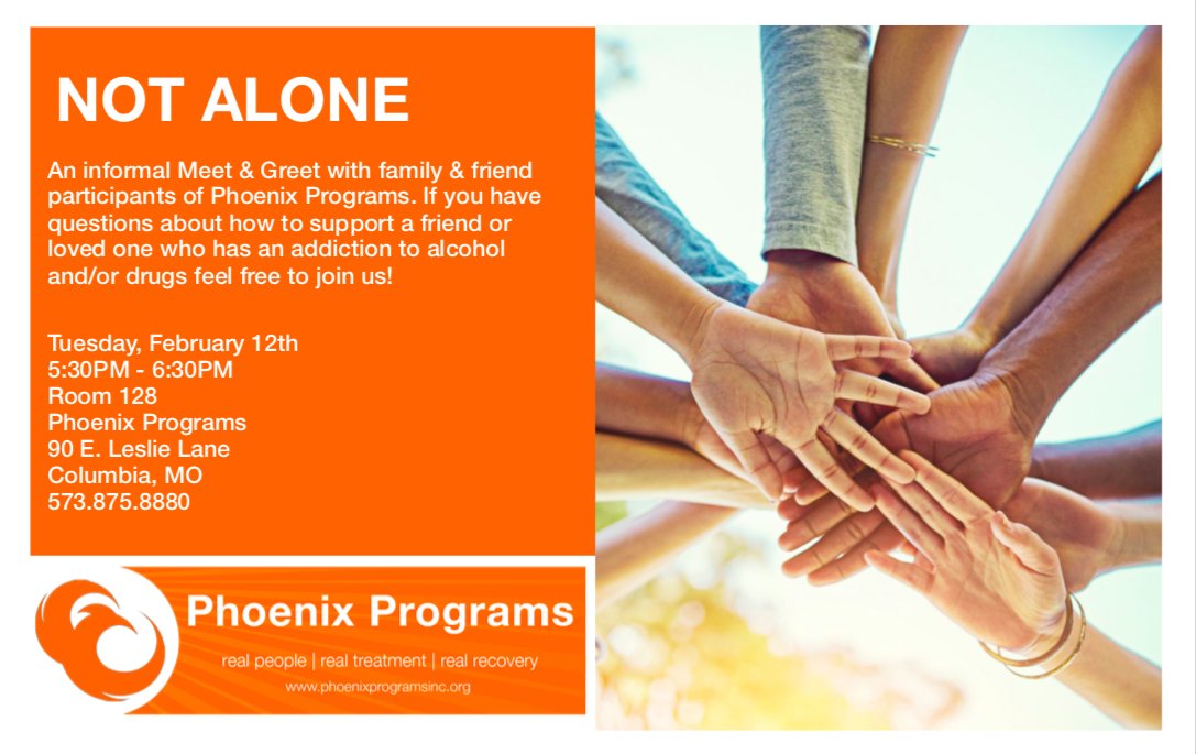 Join us tomorrow for our "Not Alone" meet &amp; greet for friends and family of Phoenix participants or someone dealing with addiction. 

This is a great, informal environment to draw strength and guidance from others in a similar circumstance.