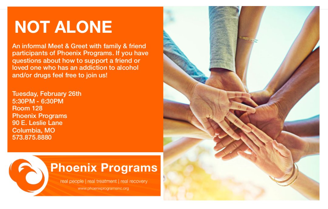 Join us next Tuesday for our "Not Alone" meet &amp; greet for friends and family of Phoenix participants or someone dealing with addiction. 

This is a great, informal environment to draw strength and guidance from others in a similar circumstance.