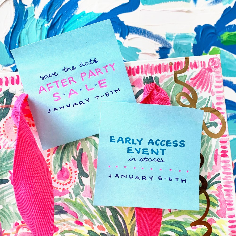 LillyPulitzer's tweet photo. #AfterPartySale is officially on January 7th &amp; 8th! Can’t wait until then? Join us IN-STORES *this* Saturday and Sunday for Early Access Shopping events. Mark your calendars now. #LinkInProfile for the full rundown. #lillypulitzer#afterpartysale https://t.co/ihXPOkVZaO