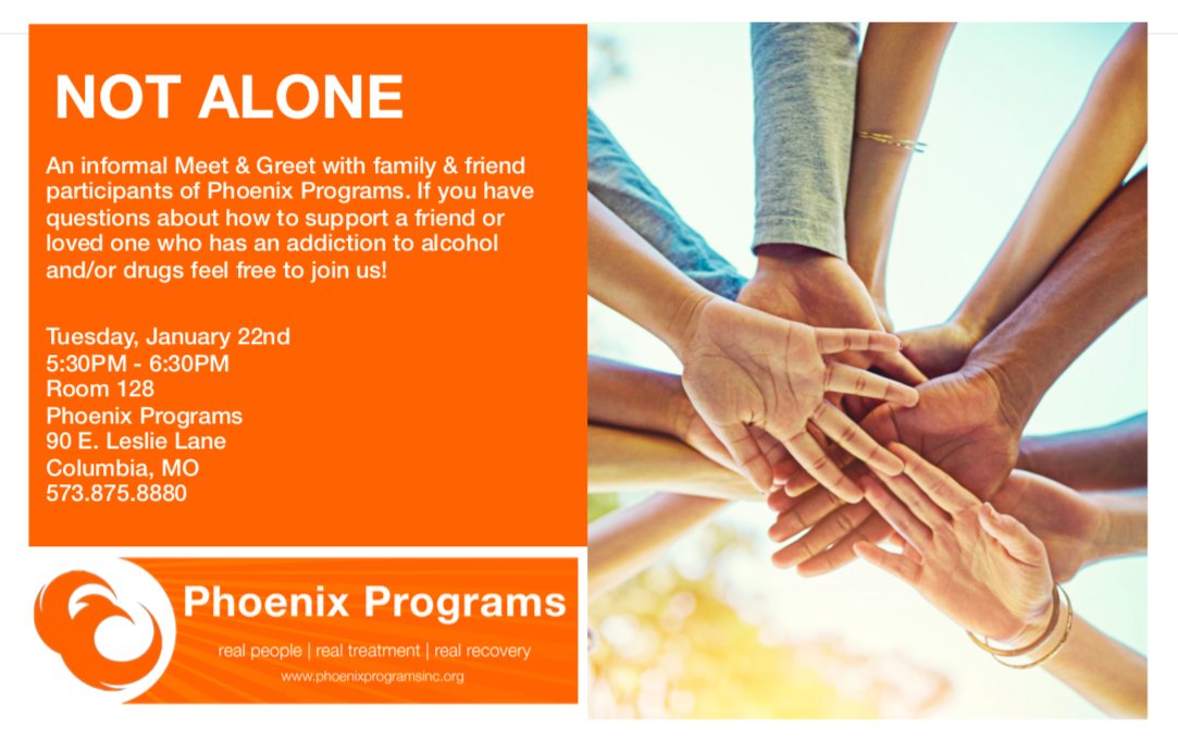 Join us next Tuesday for our "Not Alone" meet &amp; greet for friends and family of Phoenix participants or someone dealing with addiction. 

This is a great, informal environment to draw strength and guidance from others in a similar circumstance.