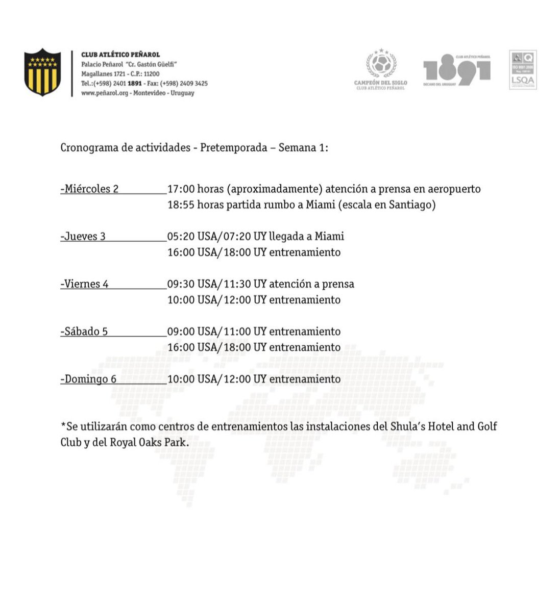 Cronograma de actividades en la primera semana de trabajos en Miami. En caso de cambios/ajustes se comunicará por esta vía.