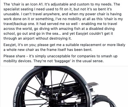 hi, <a href="/easyJet/">easyJet</a> - you smashed my friend Esther's wheelchair and now won't pay for it! mobility devices are more than "luggage".