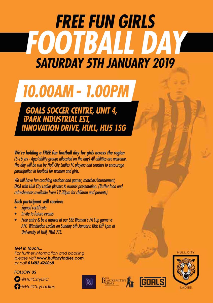 HullCityLFC's tweet photo. GREAT NEWS! Due to demand we now have more places available this Sunday for ALL GIRLS. Book your FREE places now & enjoy a fun filled football day & pizza only with the Tigresses 🐯⚽️🍕👭 #TigressWay #GirlsFunDay #Hull https://t.co/5LGbJrxkhp