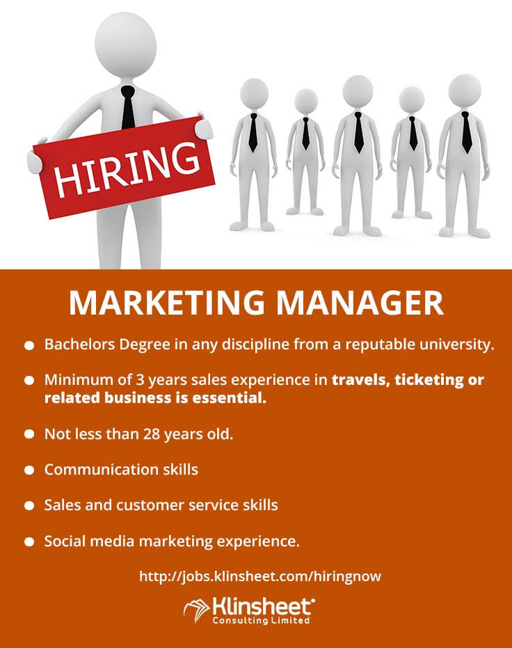 klinsheet's tweet image. Marketing Manager with 3 years experience in travels and ticketing. Click on this link to apply jobs.klinsheet.com/hiringnow/