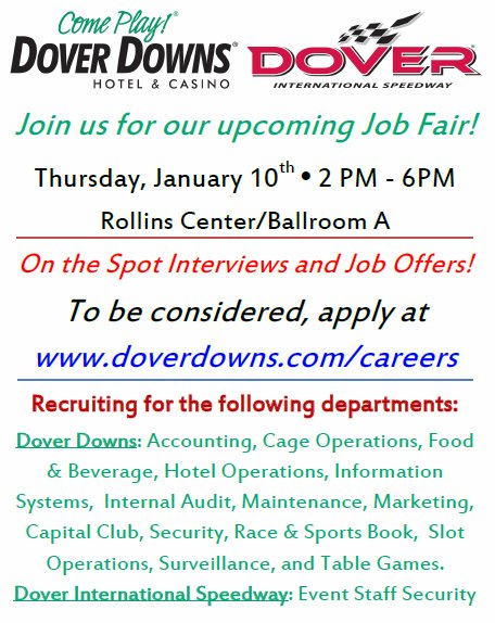 DoverDownsJobs's tweet photo. It's a #newyear so we're looking for some fresh faces to join our #team! Come to our on-site #jobfair on Thursday, 1/10 from 2 - 6 PM! Interviewing for all open positions! #DoverDowns #jobs #hiring #hospitality #fulltime #parttime #DEjobs #netDE https://t.co/m0DeXXDClz